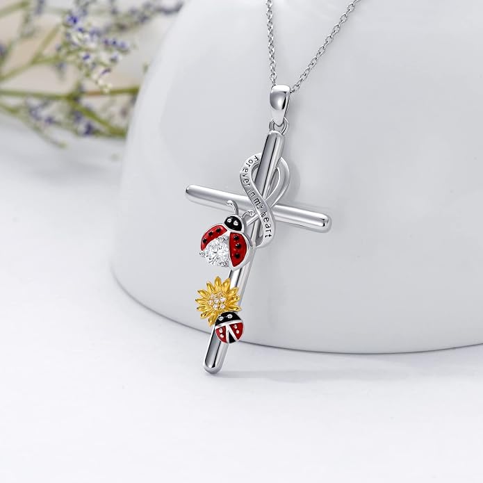 Cross Necklace for Women 925 Sterling Silver I Love You Necklace Religious Jewelry with Gift Box for Mother Daughter