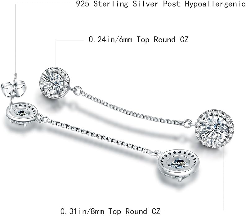 Crystal Linear Drop Earrings - Womens Sterling Silver Round Cubic Zirconia CZ Diamond Rhinestone Long Chain Dangle Earrings Bridal Drop Earrings for Wedding Bride Bridesmaids