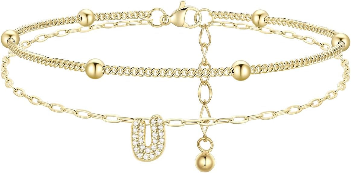 FindChic Silver/14K Gold Plated Layered CZ Initial Ankle Bracelet for Women | Waterproof Stainless Steel, Cubic Zirconia Letter Charm, Non-Tarnish, Hypoallergenic, Adjustable Extender, Summer Jewelry
