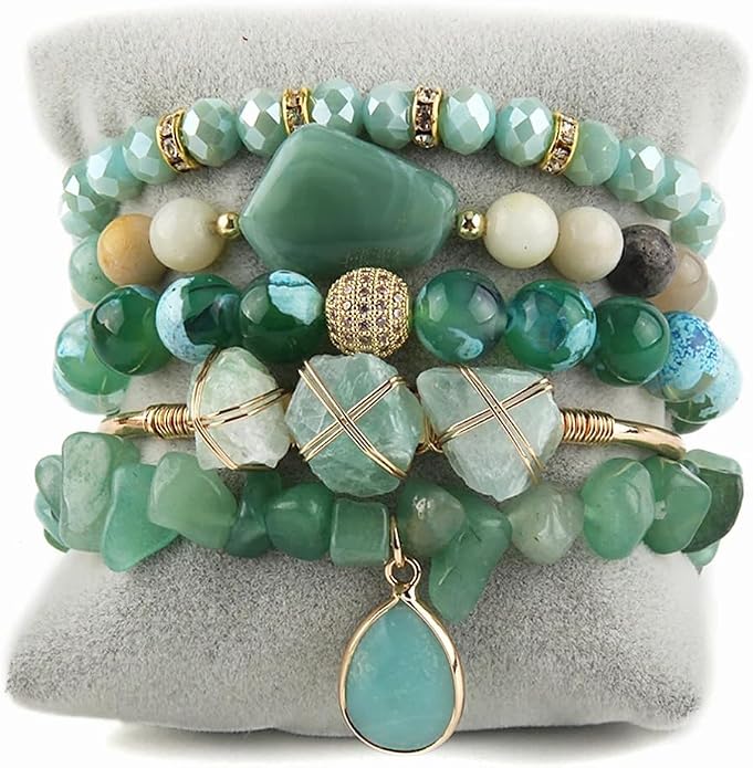 Yomisa 5PCS 6PCS Natural Boho Beaded Bracelets/Bangle for Women Men,Healing Turquoise Jasper Agate Crystal Gemstone Stone Chakra Multilayer Wrap Bohemian Handmade Jewelry Beads Stretch Bracelet Set