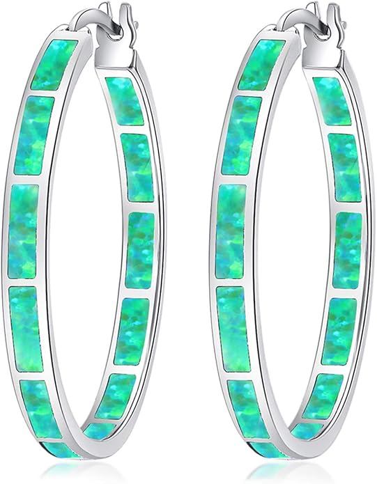 CiNily Opal Hoop Earrings,Women Jewelry Rhodium Plated/Rose Gold or Yellow Gold Plated Gemstone Big Hoop Earrings 32mm