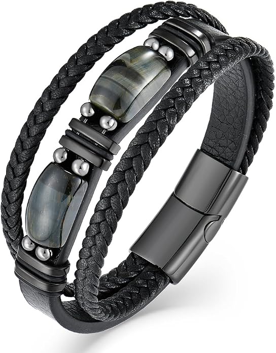 Mens Leather Bracelet Natural Tiger Eye Protection Multilayer Braided Wristband Bangle Gifts for Him