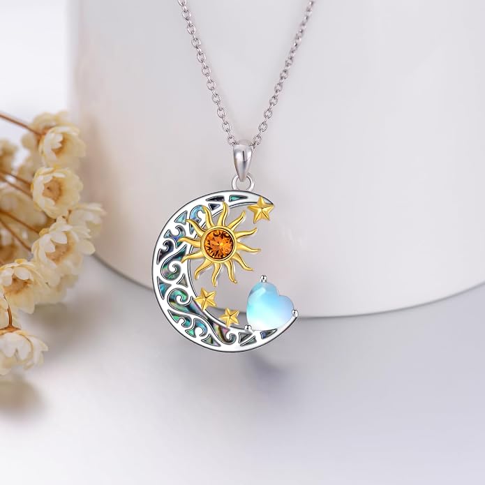AOBOCO 925 Sterling Silver Sun and Moon Star Pendant Necklace with Simulated Birthstone, Birthday Christmas Jewelry Gift for Women Teen Girls