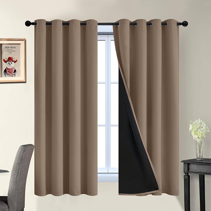 Yakamok Khaki Blackout Curtains 63 Inches Long for Bedroom 52" Wide 2 Panel | Blackout Curtain Panels for Bedroom, 2 Thick Layers Grommet Top Thermal Insulated Drapes with Black Liner for Living Room