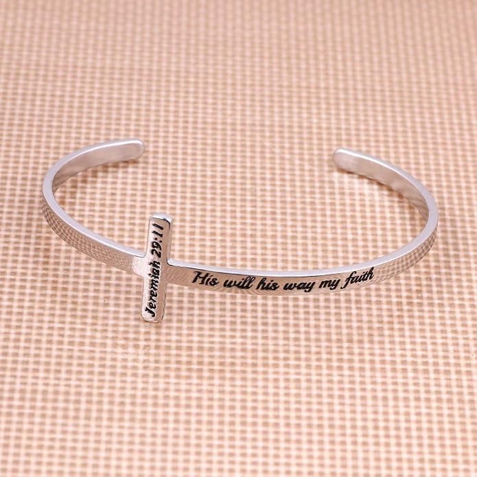 M MOOHAM Cross Bracelet - Christian Gifts for Mom Daughter Friends Teacher Women - Engraved Quote Religious Cuff Bangle Bible Verse Confirmation Baptism Gifts