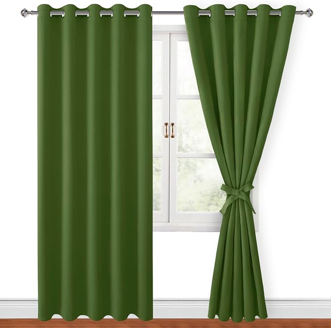 Hiasan Blackout Curtains for Bedroom, 60 x 84 Inches Long - Thermal Insulated & Energy Saving Window Curtains for Living Room, 2 Drape Panels Sewn with Tiebacks, Olive Green