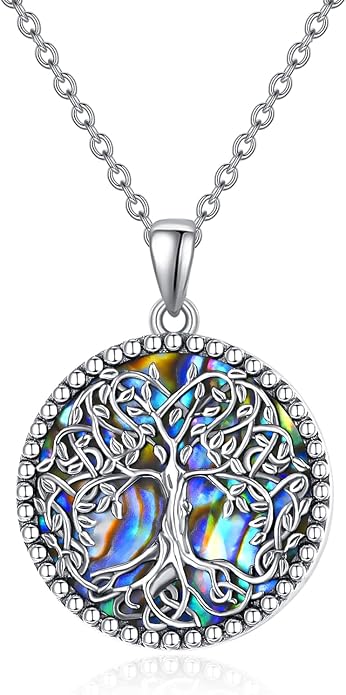 Tree of Life Necklace for Women – Sterling Silver Nature-Inspired Dainty Round Pendant, Green Abalone Shell Inlaid - Spiritual Jewelry Gift