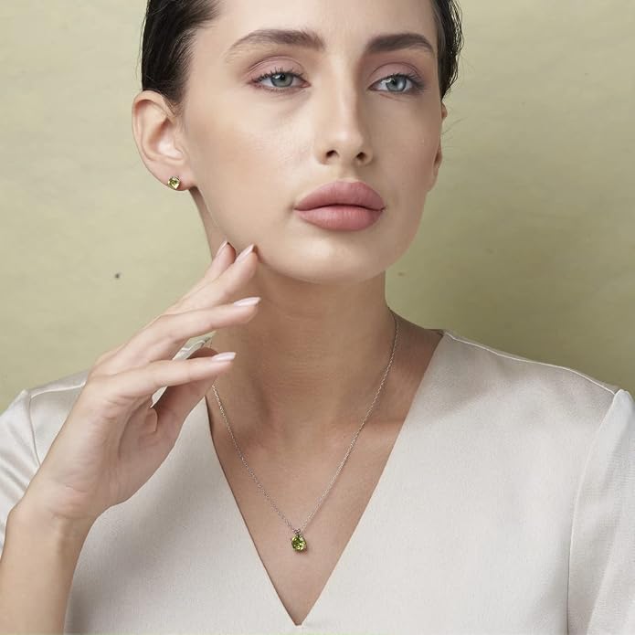 MAX + STONE 14k Gold Plated or Sterling Silver Cushion Cut Gemstone Stud Earrings and Pendant Necklace for Women with 6mm and 8mm Birthstones 18 Inch Chain and Push Backs Jewelry Set