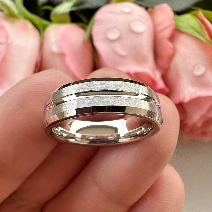 TUTISS 6mm 8mm White Tungsten Rings for Men Women Couple Fashion Jewelry Engagement Wedding Bands Matte Finish Beveled Edges Comfort Fit