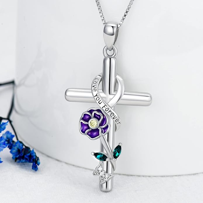 Cross Necklace for Women 925 Sterling Silver I Love You Necklace Religious Jewelry with Gift Box for Mother Daughter