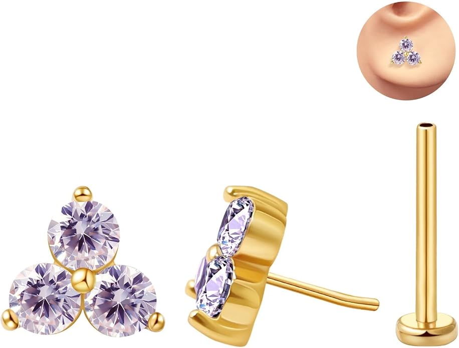FANSING Cartilage Earring Tragus Stud Trio CZ Stone Flat Back Earring for Helix Conch Threadless Push Pin Labret Stud
