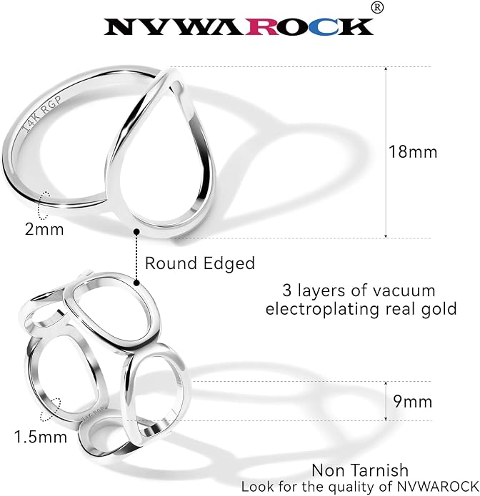 2PCS Circle Statement Ring Set for Women 14K Gold Plated Simple Link Chain Knuckle Stacking Bands（Gold and Silver, Size 5 to 10）