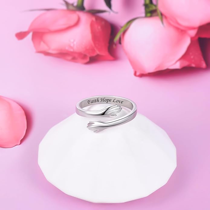 S925 Sterling Silver Hug Rings for Women Teen Girls Adjustable Ring for Granddaughter Daughter Hope Promise Friendship Hand Ring Jewelry for Birthday Graduation Christmas Mothers Day Valentines Gifts