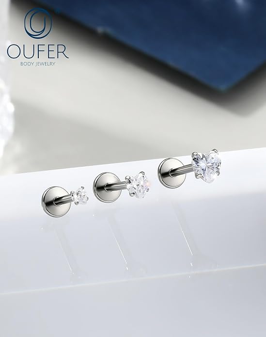 OUFER 18G 6/7/8MM Flat Back Cartilage EarRings-3PCS Gold Titanium Extended Internally Threaded Lip Piercing 2/3/4MM Round Clear CZ Helix Piercing Jewelry