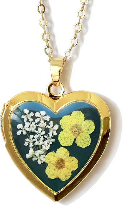 Handmade Heart Shaped Dried Pressed Forget Me Not Flower Photo Locket Pendant Necklace