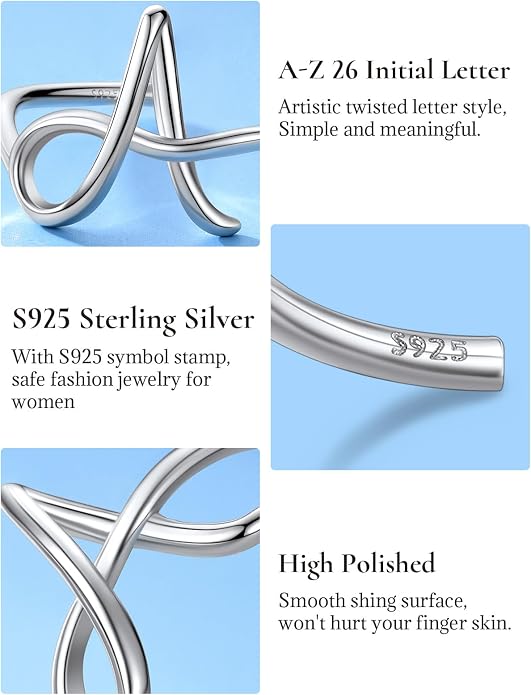 SILVERCUTE S925 Initial Rings, Adjustable Size 6-12 Statement Alphabet Letter A-Z Jewelry Personalized Twisted Initials Rings Sterling Silver Stacking Ring for Women