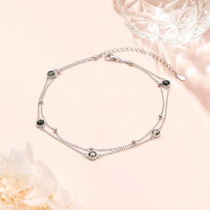 Flyow Anklet for Women S925 Sterling Silver Adjustable Foot Beaded Heart Charm Ankle Bracelet Anklets Jewelry