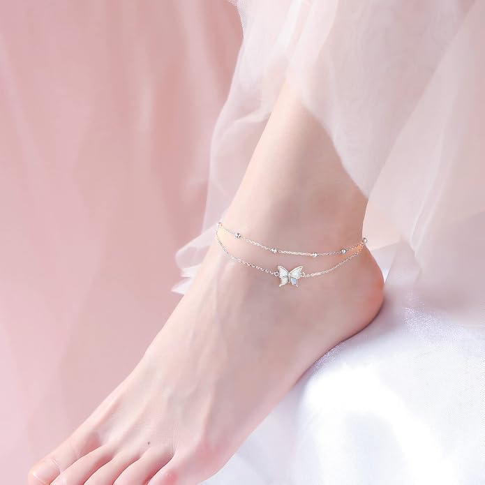 Flyow Anklet for Women S925 Sterling Silver Adjustable Foot Beaded Heart Charm Ankle Bracelet Anklets Jewelry