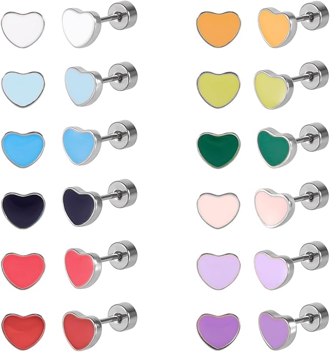 JMLOON 12 Pairs Enamel Flat Back Stud Earrings Surgical Stainless Steel Round Heart Star Square Hexagon Screw Back Stud Earrings