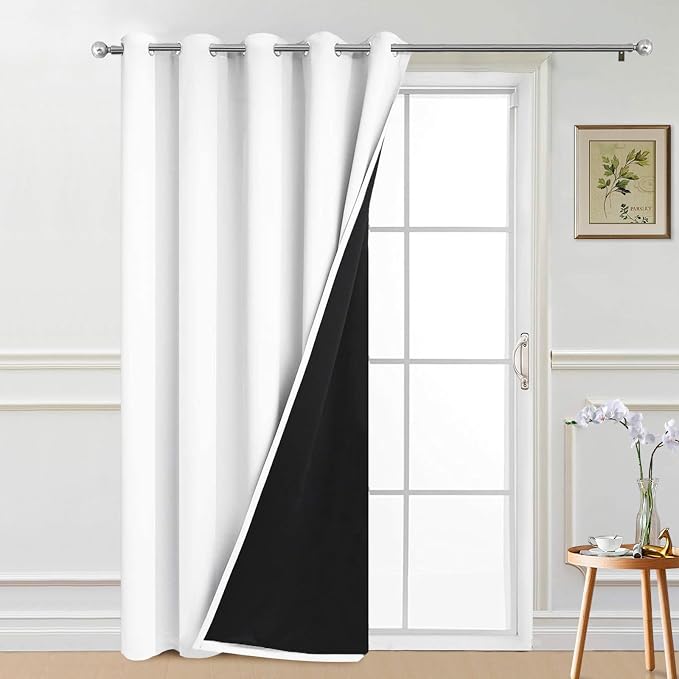 Yakamok Pure White Blackout Patio Door Curtain Panels W70 x L84, 1 Panel | Noise Reducing Barrier Panel for Sliding Glass Door, 2 Thick Layers Heat Full Light Blocking Patio Door Drapery