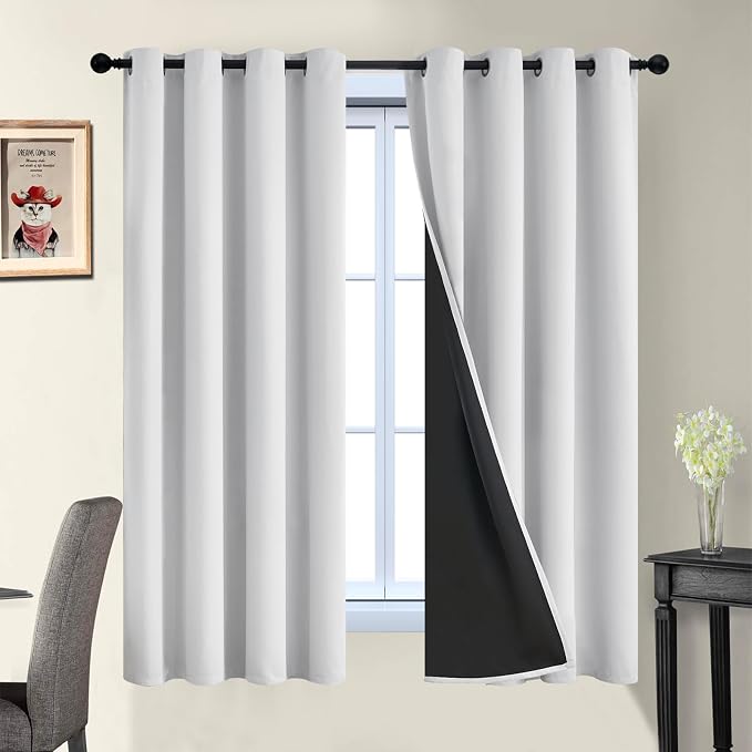 Yakamok Greyish White 100% Blackout Curtains 63 Inches Long, 2 Thick Layers | Blackout Curtains for Bedroom/Living Romm Full Light Blocking Soft Thermal Insulated Drapes for Bedroom 52" Wide Each Panel