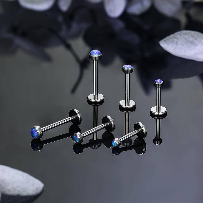 Ruifan Titanium Flat Back Lip Rings Externally Threaded Earrings Studs Nose Rings 20G 18G 16G Jeweled Round Opal Tragus Cartilage Lobe Rook Helix Conch Labret Medusa Piercing Jewelry for Women Men