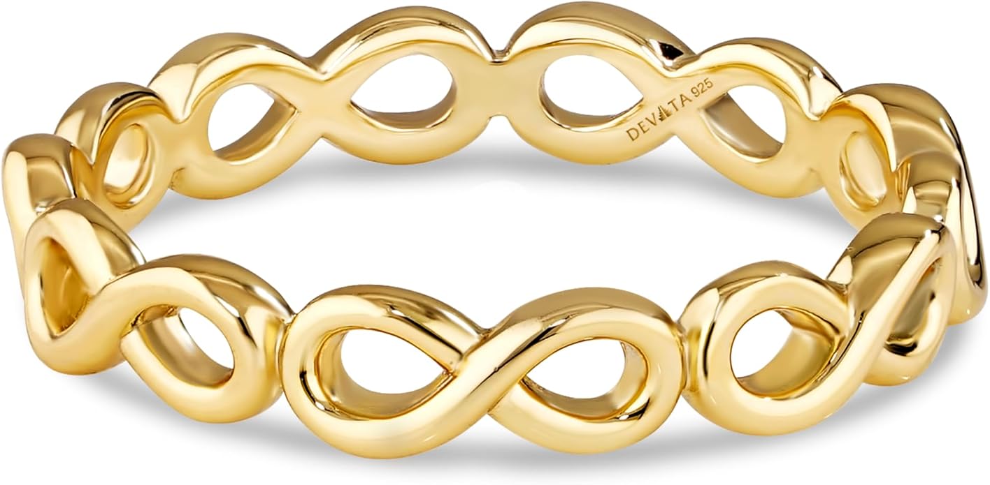DEVATA Gold or Rhodium Plated Sterling Silver 925 – Eternity, Band Ring for Women – Heart, Knot, Clover, Infinity, Mariner, Cable, Curb, Cuban, Figaro, Daisy, Rope, Ribbed, Dome