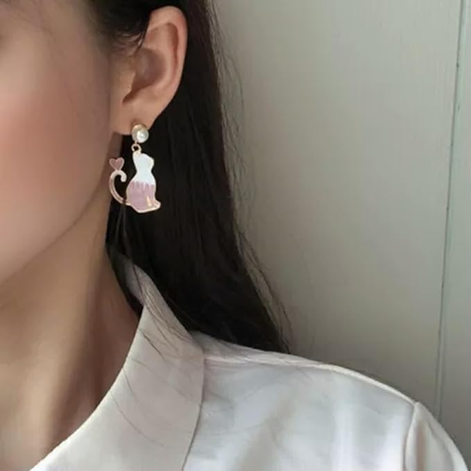 Cute Asymmetric Cat Moon Flower Long Tassel Stud Dangle Earrings Women Jewelry-Carp & Lotus Fan