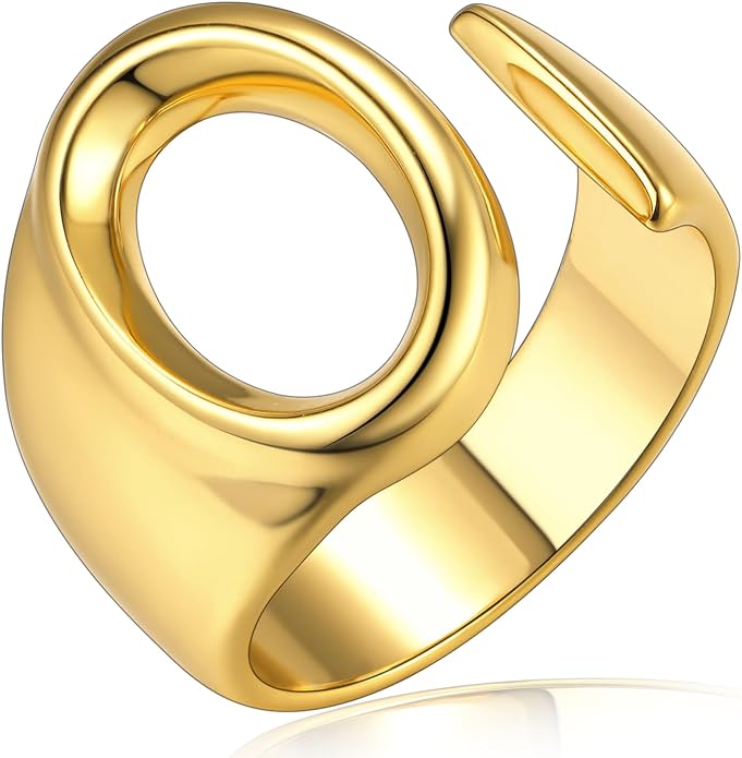KeyStyle Bold Initial Letter Rings Adjustable, GoldChic Jewelry Women Gold Statement Ring Personalized Engraved Women’s Open Signet Ring for Party (Gold, White Gold, Black)