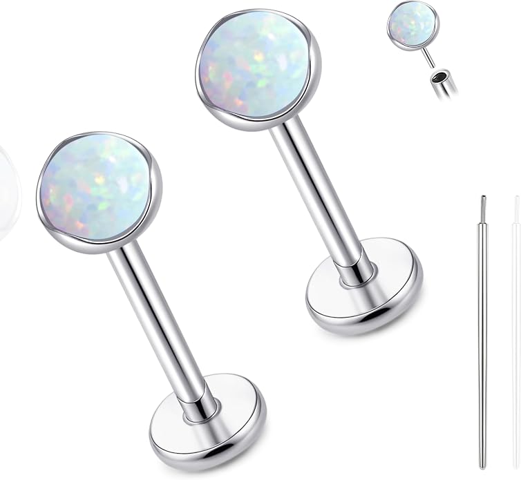limerencia 18G Hypoallergenic Titanium Opal Threadless Nose Stud Earrings, 2PC Flat Back Push in Stud Earrings Labret Medusa Monroe Helix Cartilage Tragus Conch Piercing Jewelry for Women Men