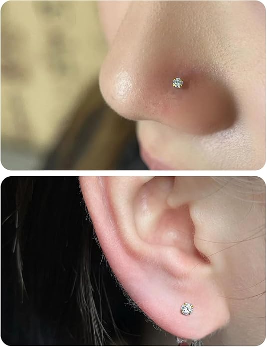 20G 18G 16G 14K Gold Filled Threadless Flat Back Earrings Studs Surgical Stainless Steel Opal CZ Nose Rings Studs Tragus Helix Conch Cartilage Earrings Piercing Jewelry For Women Men Silver