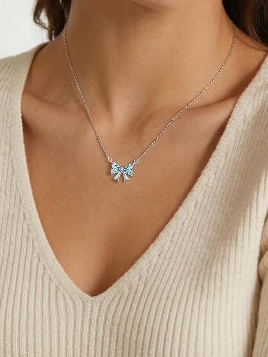 ChicSilver Bow and Cat Birthstone Necklace, 925 Sterling Silver Pendant Necklaces for Women, Hypoallergenic Silver Choker with 16 inch Rolo Chain, 12 Months Jewelry for Valentines Mothers Day Christmas