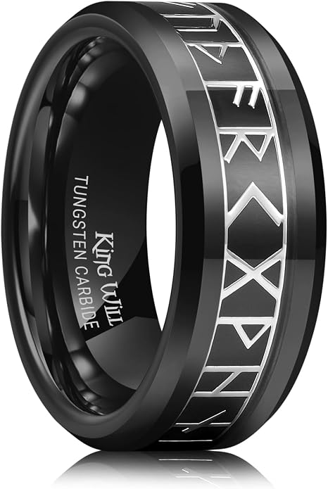 King Will Tungsten Carbide Wedding Band for Men - 8mm Black/Silver/Gold Plated with Norse Viking Rune & Hawaii Koa Wood Inlay Mens Ring, Polished Beveled Edge for Daily Wear, Comfort Fit Size 7-14