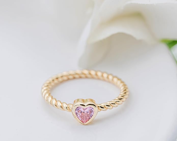 Precious Pieces 14K Gold Plated over .925 Sterling Silver Twisted Rope Band Baby Ring with Heart Birthstone CZ for Babies, Infants, Toddlers, Little Girls, Stackable or Pinky Ring for Teens and Women