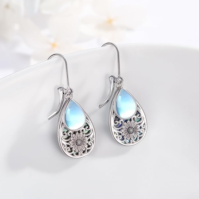 Dragonfly Filigree Earrings 925 Sterling Silver Teardrop Moonstone Abalone Shell Dangle Drop Earrings Filigree Jewelry Gifts for Women