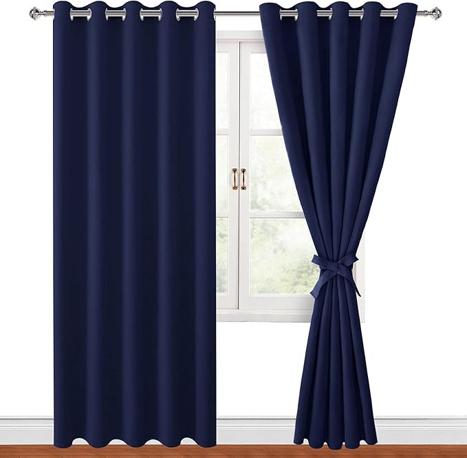 Hiasan Blackout Curtains for Bedroom, 60 x 84 Inches Long - Thermal Insulated & Light Blocking Window Curtains for Living Room, 2 Drape Panels Sewn with Tiebacks, Navy Blue
