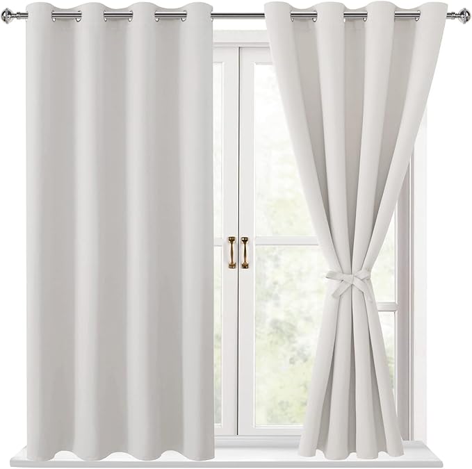 Hiasan Blackout Curtains for Bedroom, 52 x 54 Inches Long - Thermal Insulated & Light Blocking Window Curtains for Living Room/Kids Room, 2 Drape Panels Sewn with Tiebacks, Ivory
