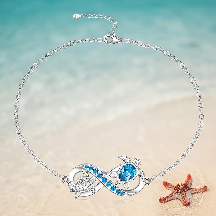 Fenthring Turtle Anklet S925 Sterling Silver Blue Opal Sea Turtle Ankle Bracelets for Women Infinity Wave Ocean Beach Summer Foot Bracelet Jewelry Layered Adjustable