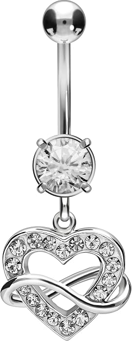 PIERCINGLINE surgical steel dangle belly button piercing with heart and infinity pendant - belly button ring surgical steel, piercing - new version with improved durability
