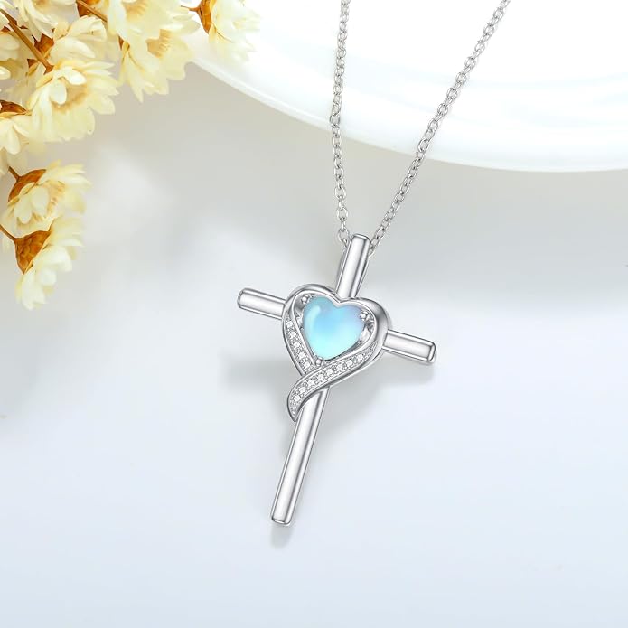 TOUPOP Birthstone Cross Necklace for Women 925 Sterling Silver Heart Cross Pendant Necklace Mothers Day Birthday Jewelry Gifts for Mom Wife Her
