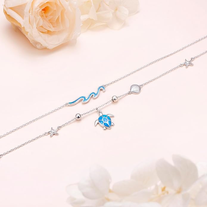 Ladytree S925 Sterling Silver Boho Beach Double Layer Anklets Bracelet for Women Adjustable 9 to 11 inches