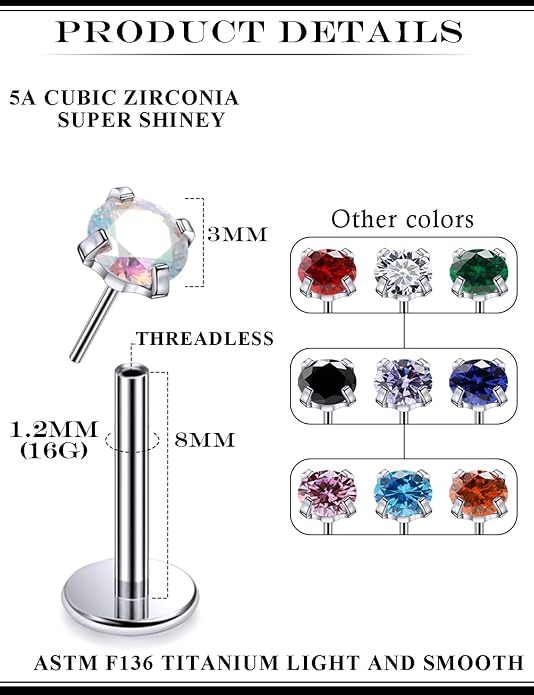 20G 18G 16G Astm F136 Titanium Threadless Flat Back Earrings Nose Studs Tragus Helix Conch Cartilage Lobe Earrings Medusa Labret Snake Bite Monroe Lip Ring Piercing Jewelry For Women Men