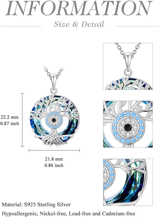 TOUPOP Evil Eye Necklace 925 Sterling Silver Tree of Life/Turquoise Evil Eye Crystal Pendant Necklace Protection Jewelry Amulet Christmas Gifts for Women Her