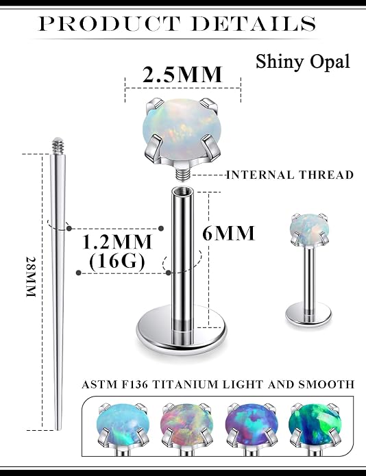 20G 18G 16G Astm F136 Titanium Internal Thread Flat Back Earrings Nose Studs Tragus Helix Conch Cartilage Lobe Earrings Medusa Labret Snake Bite Monroe Lip Ring Piercing Jewelry For Women Men
