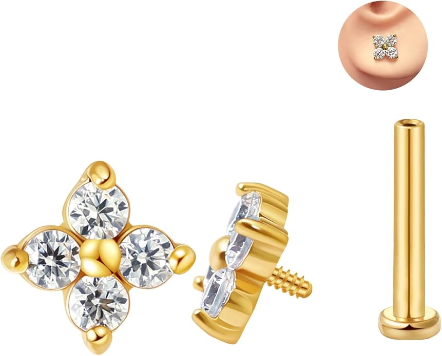 FANSING CZ Flower Internally Threaded Flat Back Earring Labret Stud for Cartilage Tragus Helix Conch