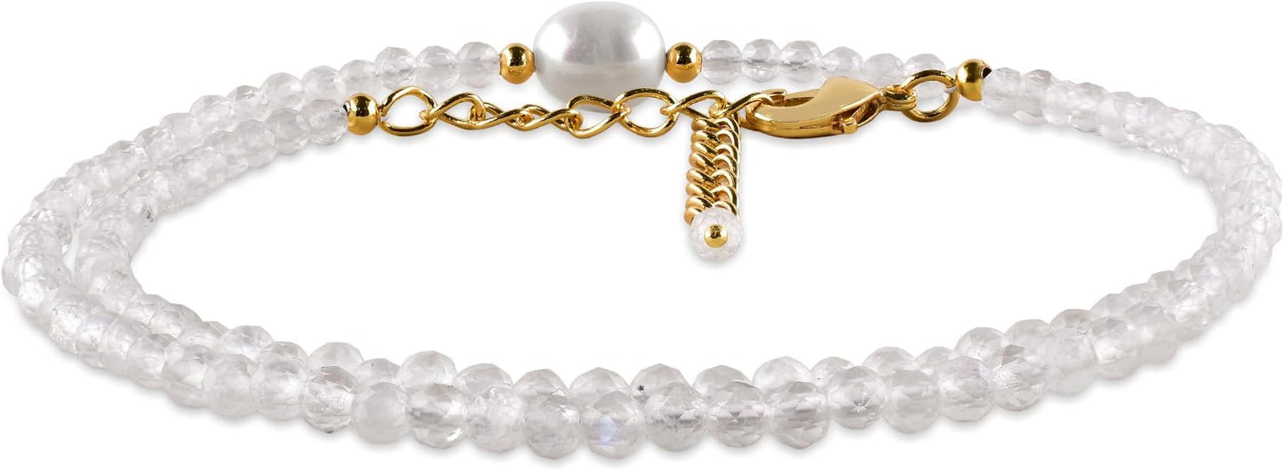 InfinityGemsArt Gemstone Gold Necklace For Women, Birthstone Natural Crystal Stone With Freshwater Pearl Beaded Jewelry, Gold Plated 18 Inch Chain