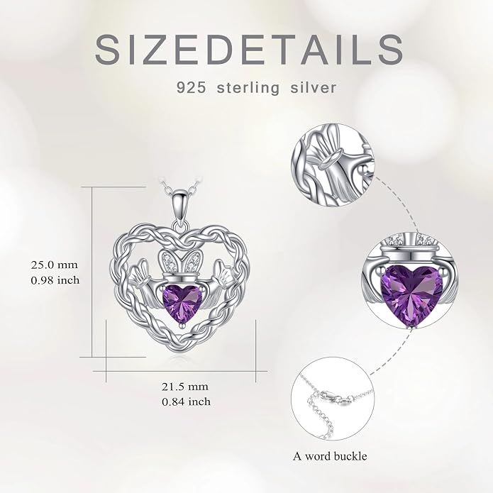 Birthstone Claddagh Heart Necklace 925 Sterling Silver Heart Celtic Knot Claddagh Necklace Pendant Irish Jewelry Gifts for Women Mom Wife Sister Christmas Birthday,18+2 inch