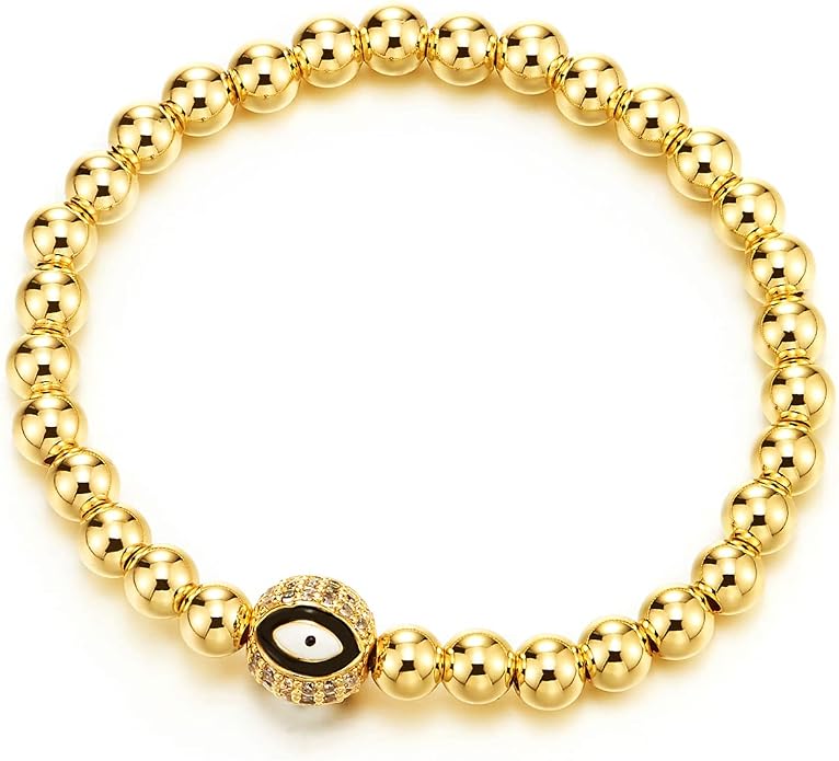 COOLSTEELANDBEYOND Beads Bracelet for Women Men with Cubic Zirconia Protection Evil Eye