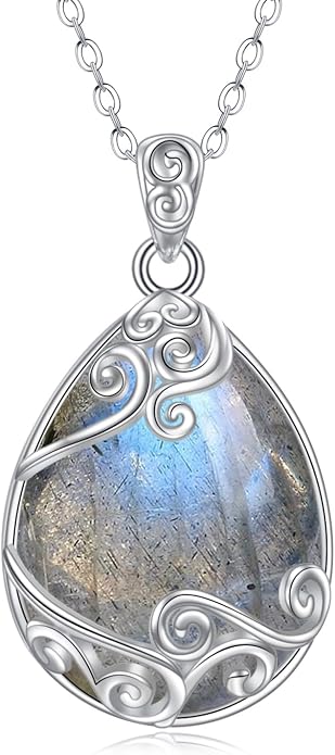 YAFEINI 925 Sterling Silver Moonstone Necklace Filigree Teardrop Pendant Necklace Jewelry for Women Girls