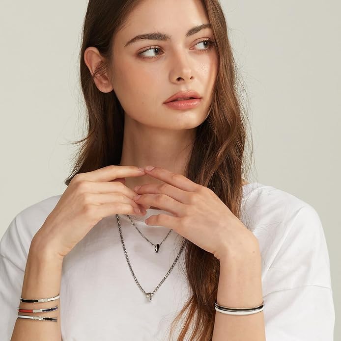 Minimalist Stainless Steel Cuff Bangle Bracelet for Women & Men – Adjustable Enamel Slim Oval Bracelet, Simple Everyday Jewelry Gift Box (Solid BR)